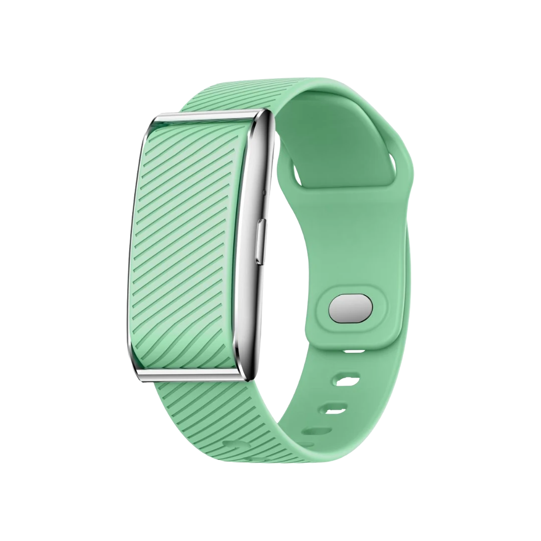 The VitalIQ bracelet: a screenless wearable with a mint-green textured band and polished steel frame