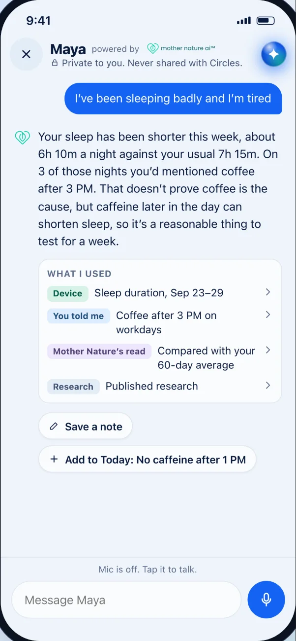 Maya explaining how sleep and caffeine connect