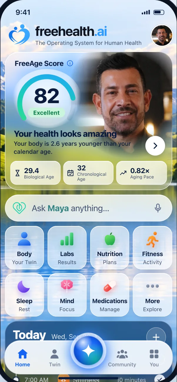 FreeHealth.ai home screen with a FreeAge Score of 82, Ask Maya, and health categories