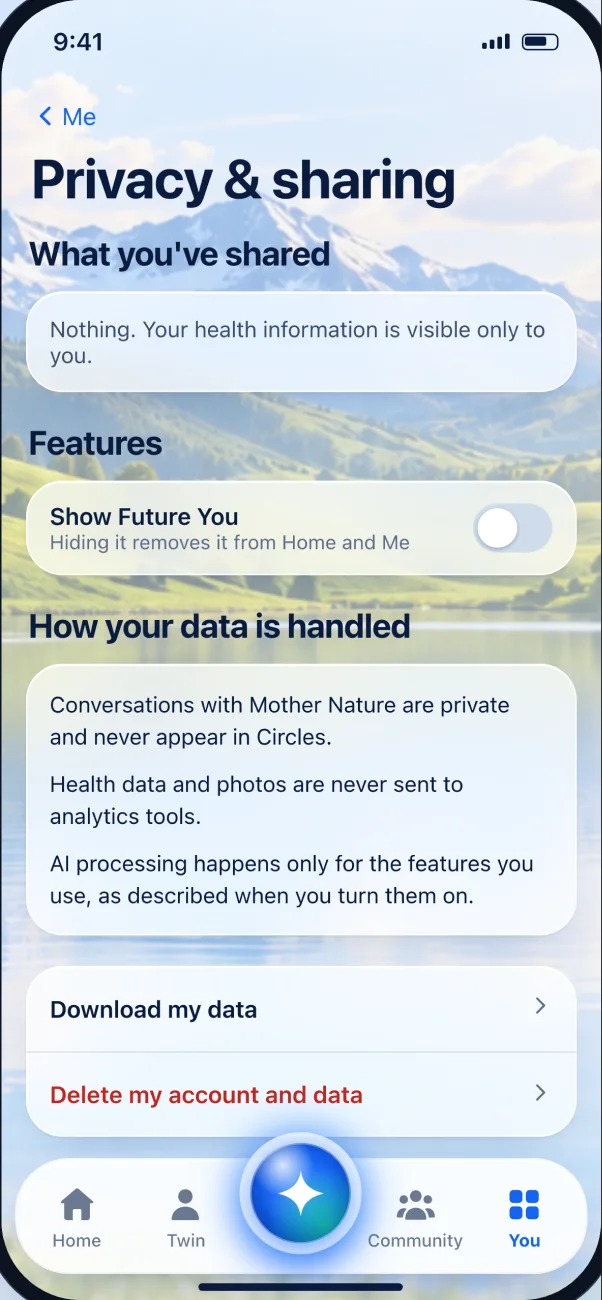 Privacy and sharing settings in the FreeHealth.ai app
