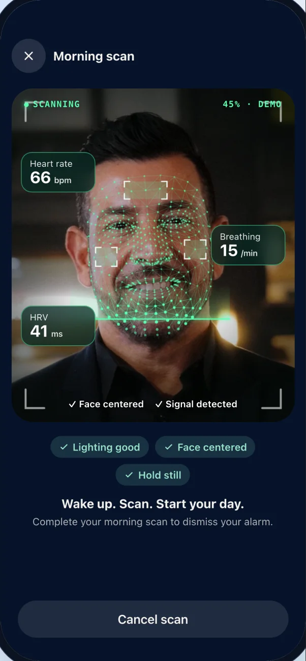 Morning face scan capturing heart rate, breathing and HRV